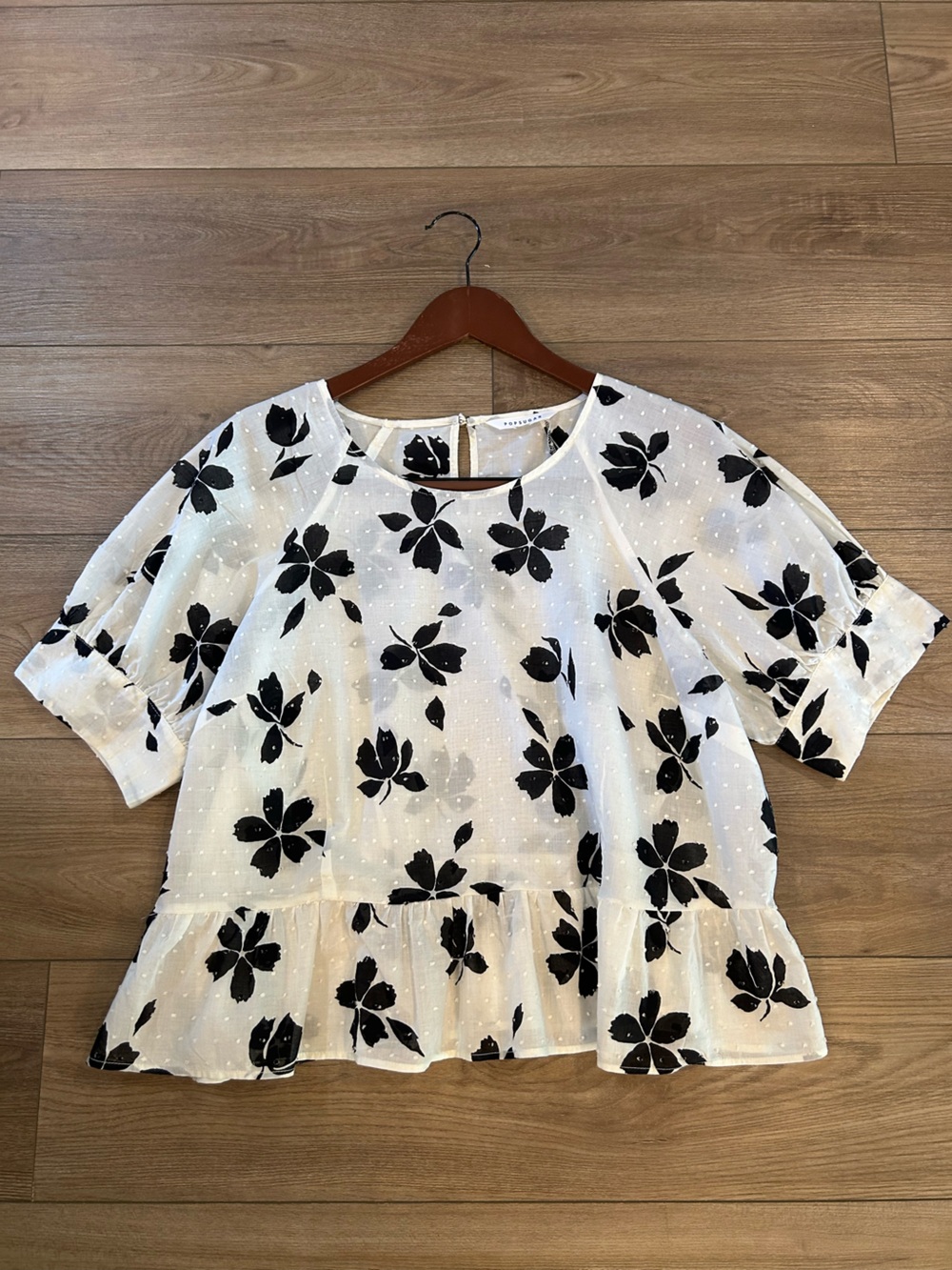 PopSugar Black White Floral Swiss Dot Peplum Blouse Women Estimated Size XL